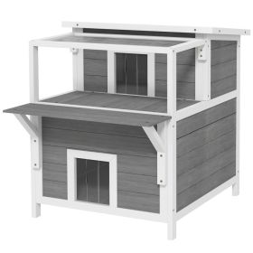 2-Story Wooden Cat House Outdoor with Balcony, Openable Top, Escape Door, Removable Panel & Floor, for Backyard, Outside (Option: Light Gray-820x720x210 mm)