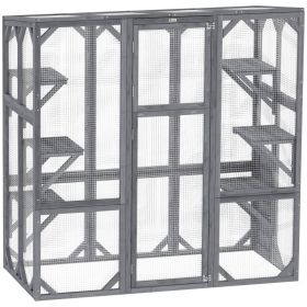 Large Wooden Catio Outdoor with 6 Jumping Platforms, Weatherproof Roof, for 1-3 Cats, 59" x 28" x 60", Gray (Option: Gray-1050x300x720 mm)