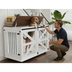 47.2 Mobile Dog Crate With Flip-Top Feeding Door, Dual-Access & 5 Caster System 2 Locking, Side Hooks - Multi-Functional Pet Kennel,double Dog Cr (Option: Brown white)