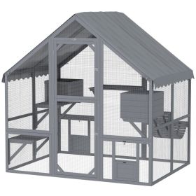Wooden Catio Outdoor Cat Enclosure with Waterproof Cover, 2 Condos, 4 Platforms, Bridge, Doors, Gray (Option: Gray-1260x765x130 mm)
