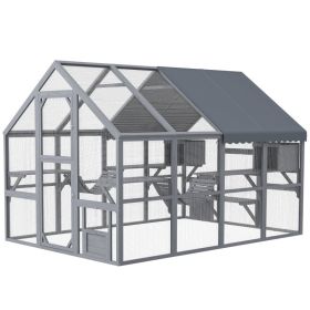 Wooden Catio Outdoor Cat Enclosure with Waterproof Cover, 2 Condos, 6 Platforms, Bridge, Doors, Gray (Option: Gray-1240x740x230 mm)