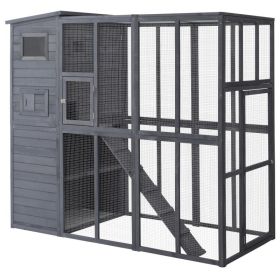 Wooden Outdoor Catio with Platforms, Asphalt Roof, Ramps, Gray (Option: Gray-990x900x180 mm)