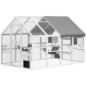 Wooden Catio Outdoor Cat Enclosure with Waterproof Cover, 2 Condos, 6 Platforms, Bridge, Doors, White (Option: White-1240x740x230 mm)