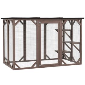 Outdoor Cat House, Catio Wooden Feral Cat Shelter, Cat Cage with Platforms, Large Enter Door, Weather Protection Asphalt Roof, 71" L, Brown (Option: Brown-1175x645x290 mm)