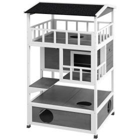 Wooden Outdoor Cat House with Asphalt Roof, Escape Doors, Condo, Jumping Platform, Light Gray (Option: Light Gray-1095x725x215 mm)